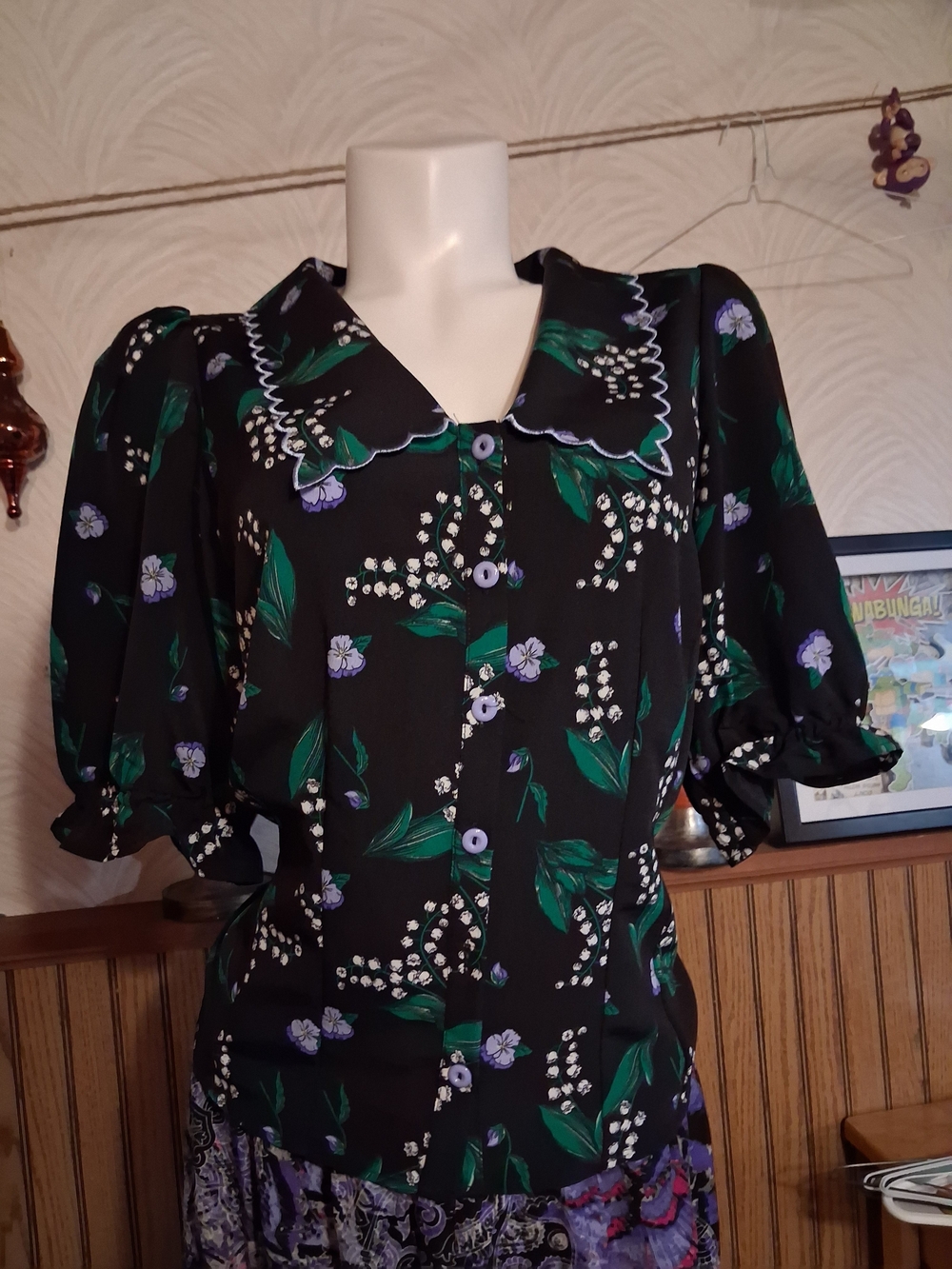 Hell Bunny Black Floral Button-Front Dress with Puff Sleeves